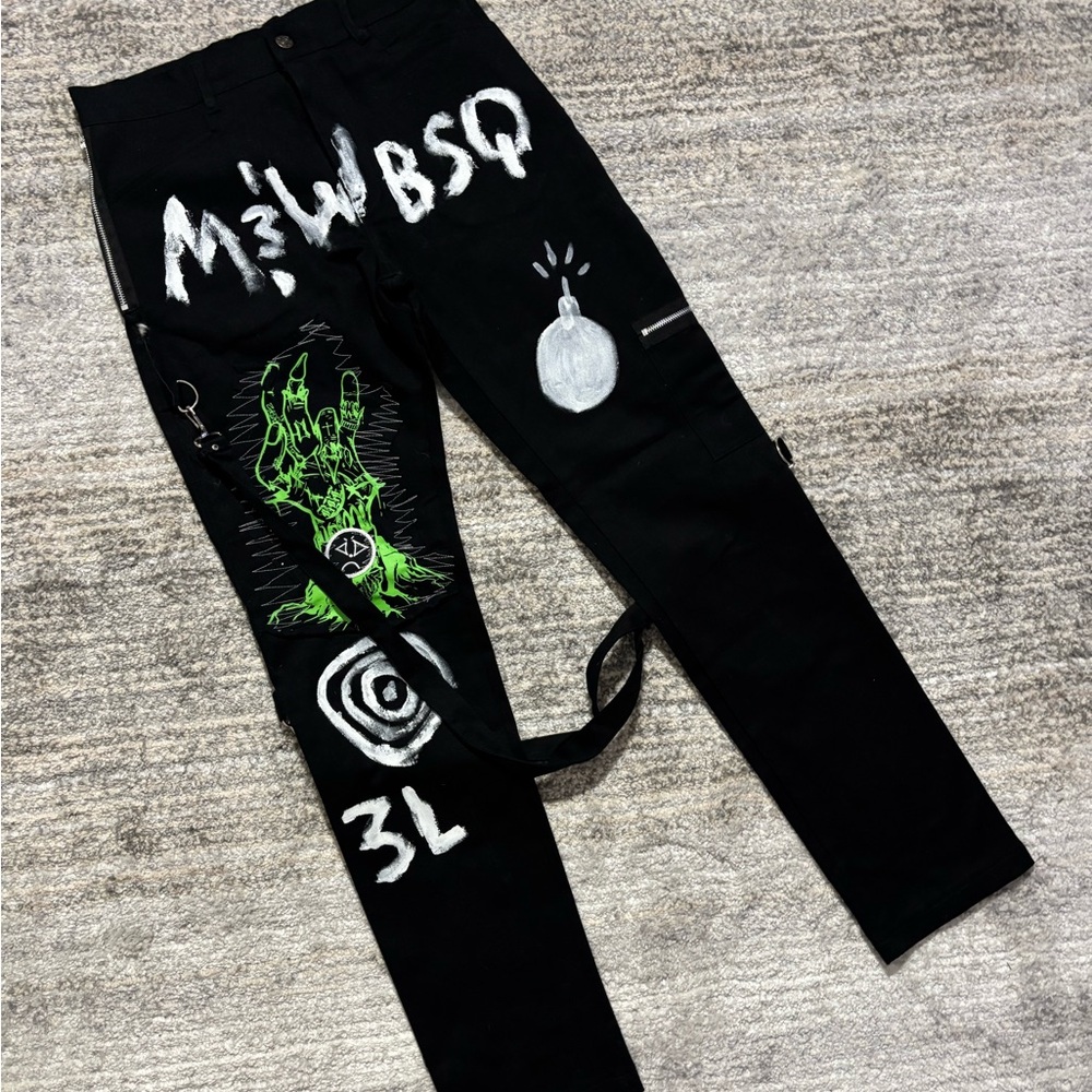 Black Graphic Pants with Green and White Accents